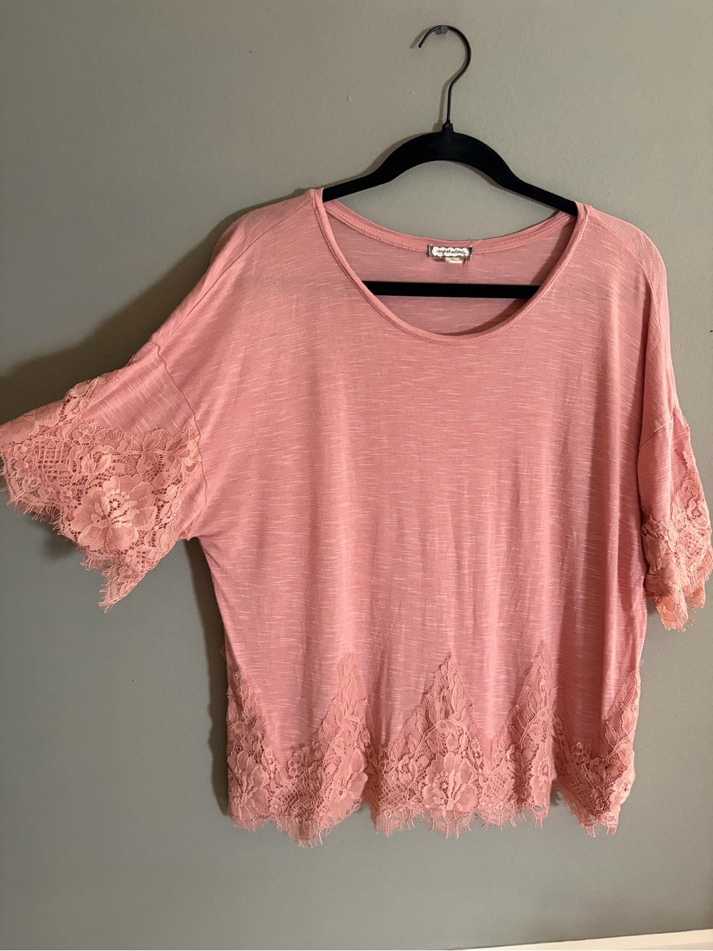 Eyeshadow Top Blush Pink Lace Trim XL Linen Blend Blouse Romantic Boho Coquette - Picture 6 of 13